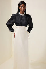 Tweed Contrast Color Rhinestone Feather Midi Dress