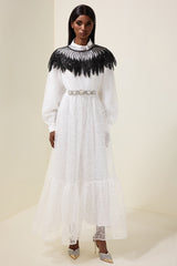 Embroidered Long Sleeve Dress With Sequin Cape