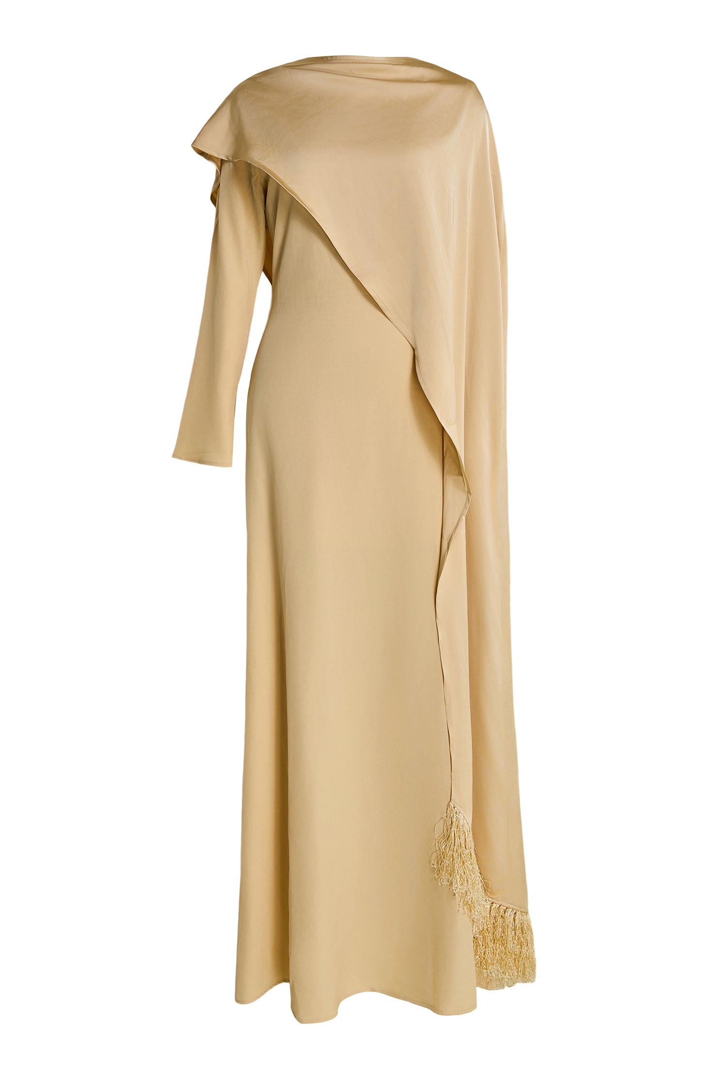 Solid Long Sleeve Maxi Dress With Tassel Cape