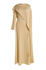 Solid Long Sleeve Maxi Dress With Tassel Cape