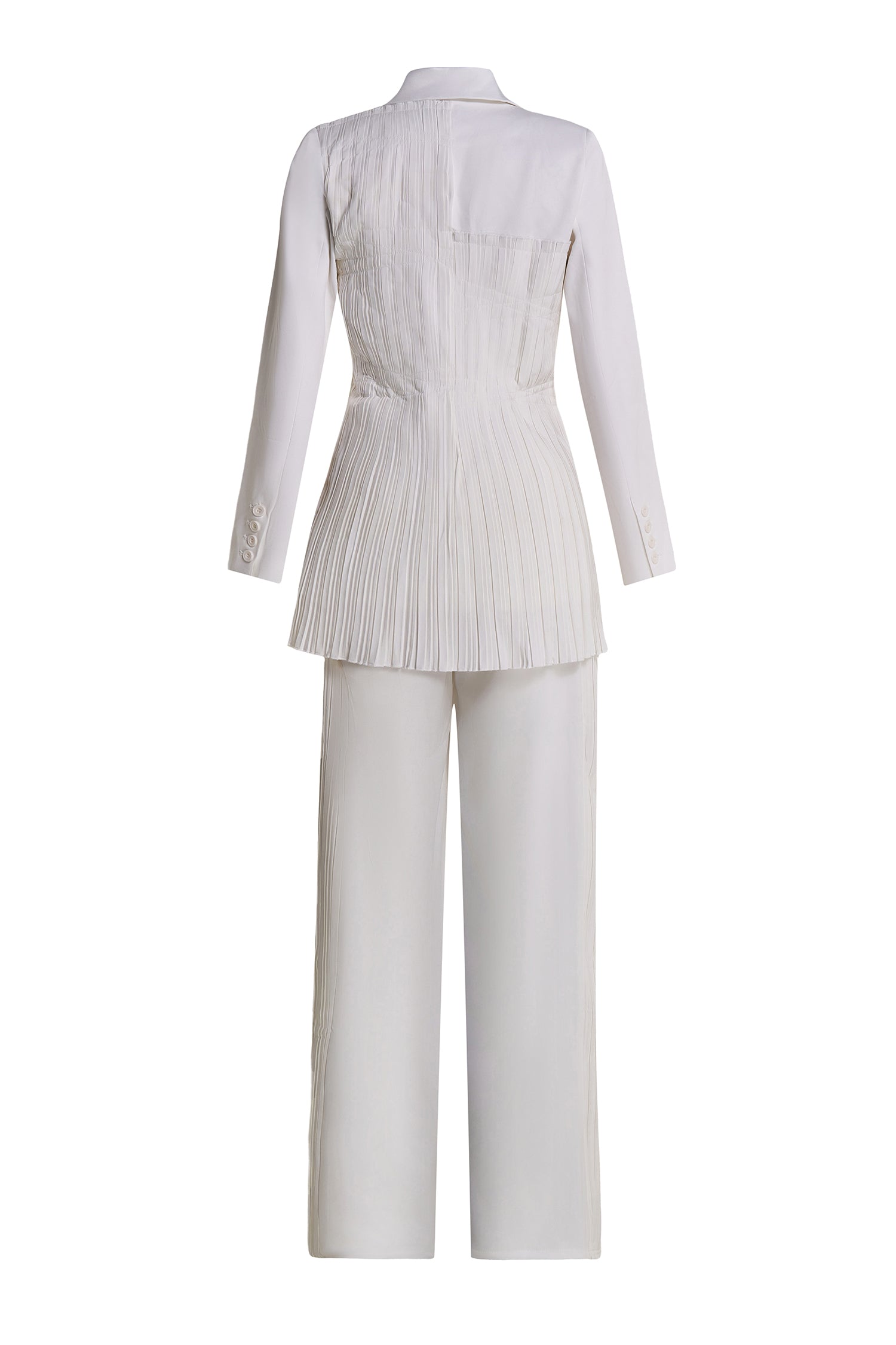 Pleat Solid Tailored Collar Blazer & High Waist Loose Pants Set