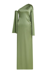 Satin Skew Collar Slit Midi Dress
