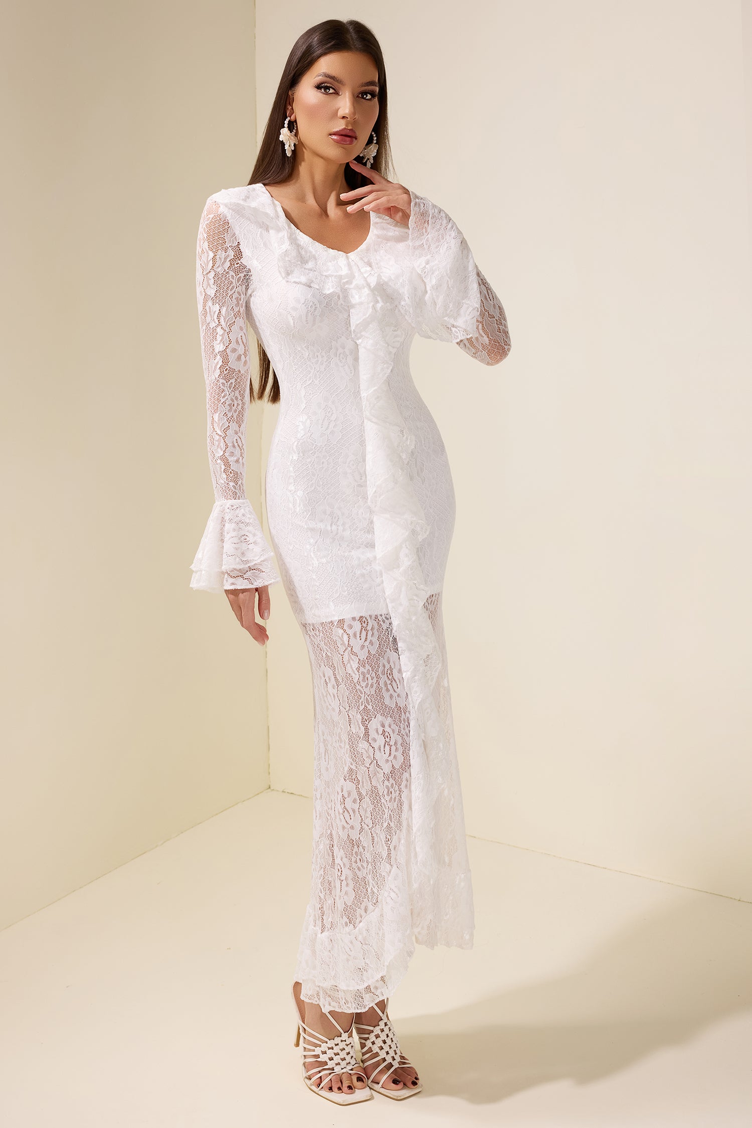Lace Ruffle Long Sleeve Midi Dress