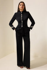 Nail Bead Embroidery Stand Collar Blazer & High Waist Pants Set