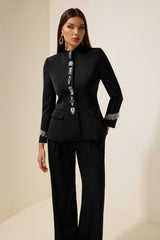 Nail Bead Embroidery Stand Collar Blazer & High Waist Pants Set
