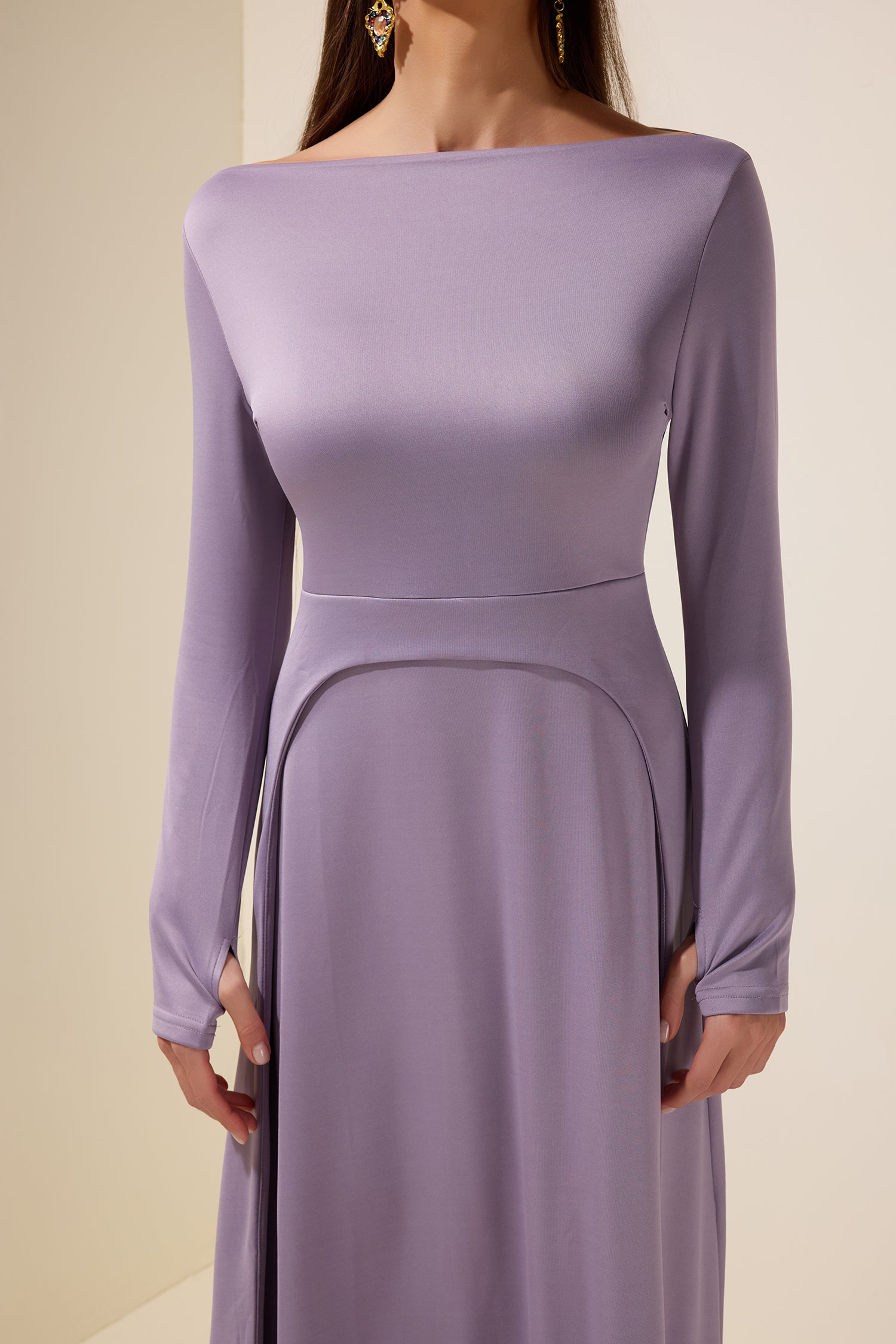 Jersey Boat Neck Long Sleeve Maxi Dress