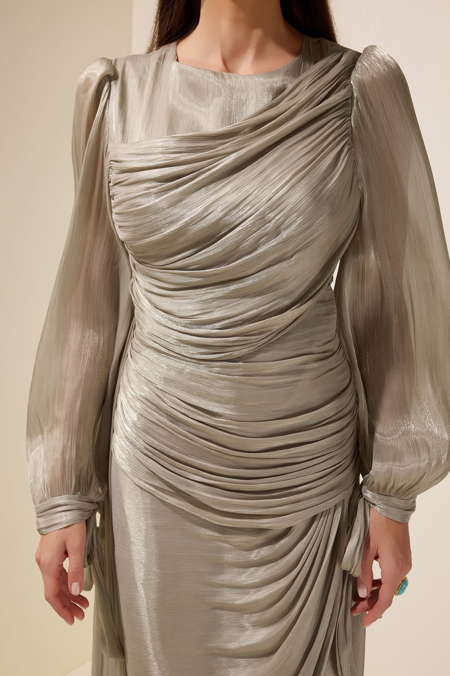 Gathering Lantern Sleeve Lace-Up Maxi Dress
