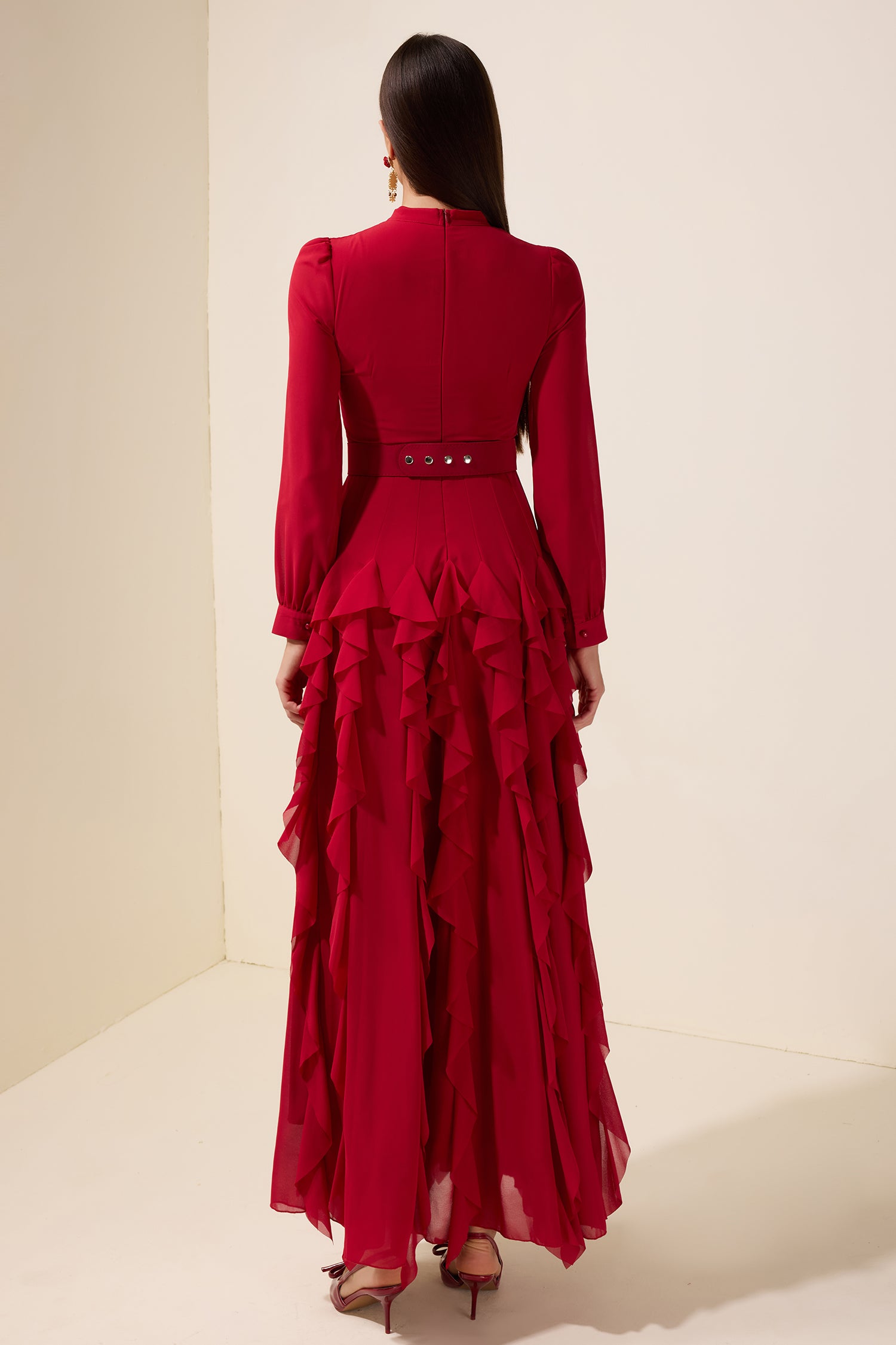 Chiffon Frill Beads Maxi Dress