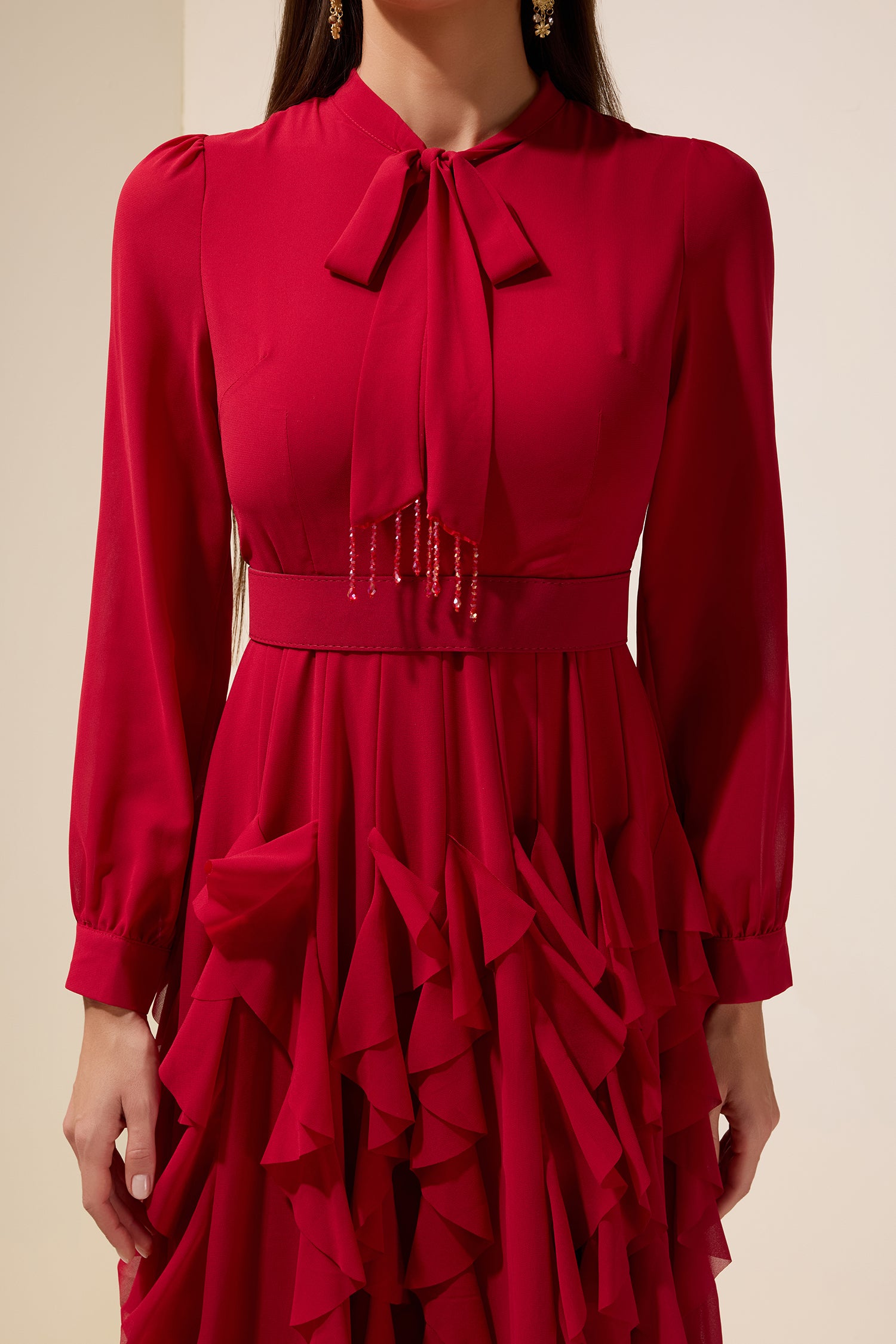 Chiffon Frill Beads Maxi Dress