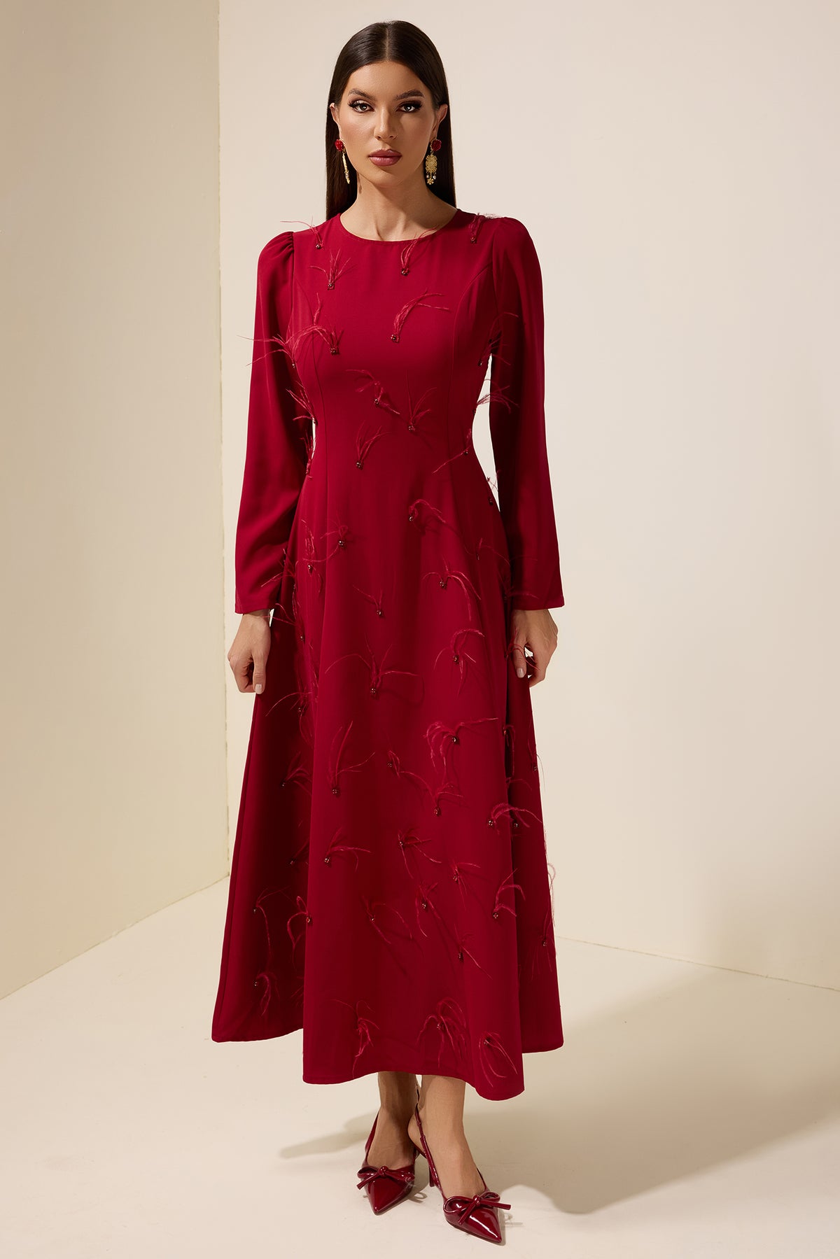 Feather Rhinestone Rivets Long Sleeve Maxi Dress