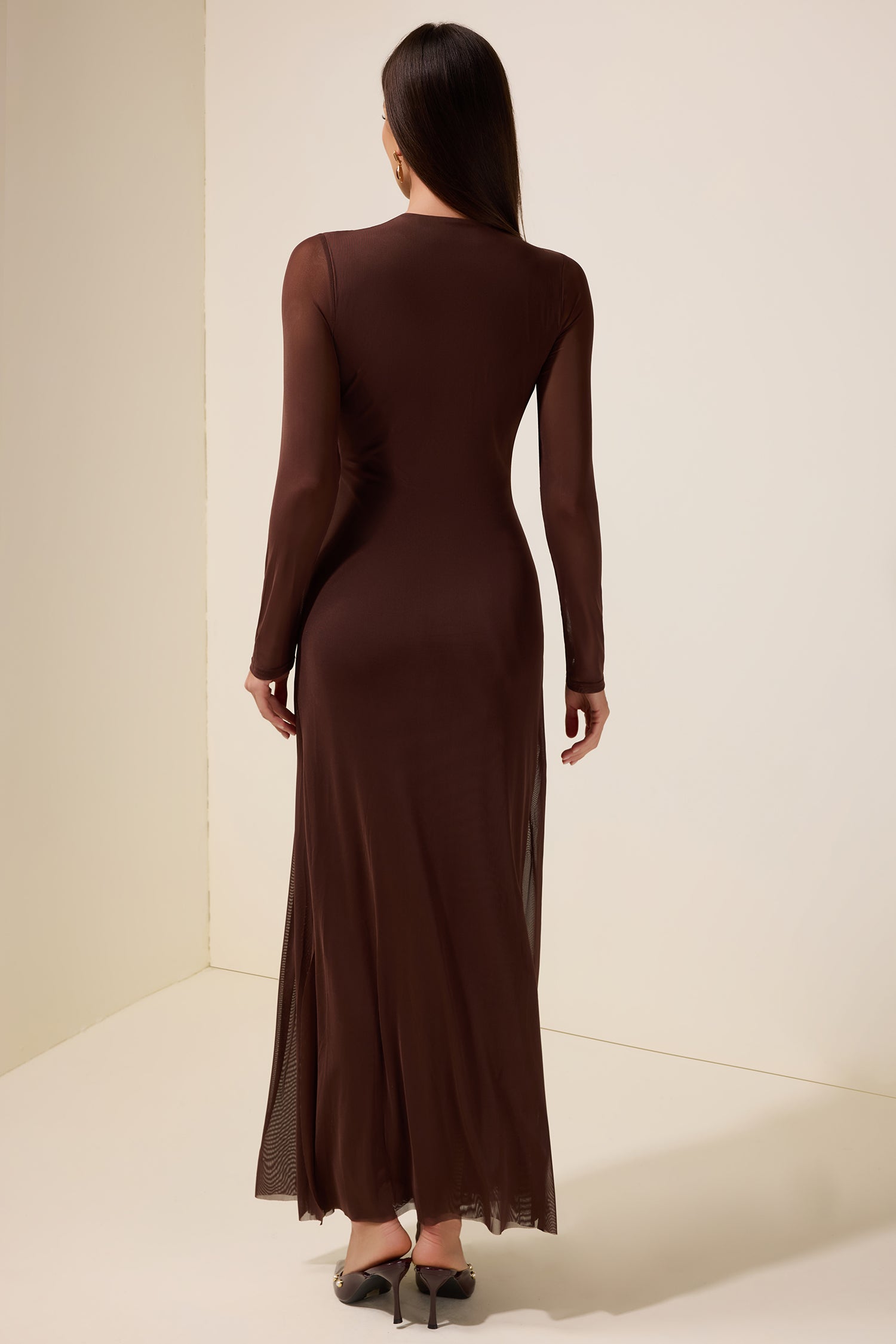 Mesh Woven Long Sleeve Maxi Dress