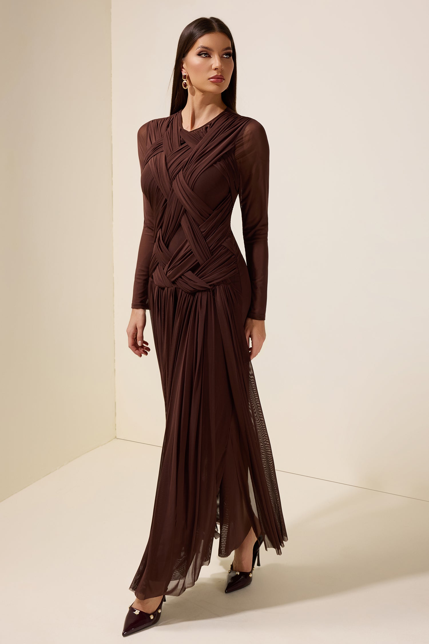 Mesh Woven Long Sleeve Maxi Dress