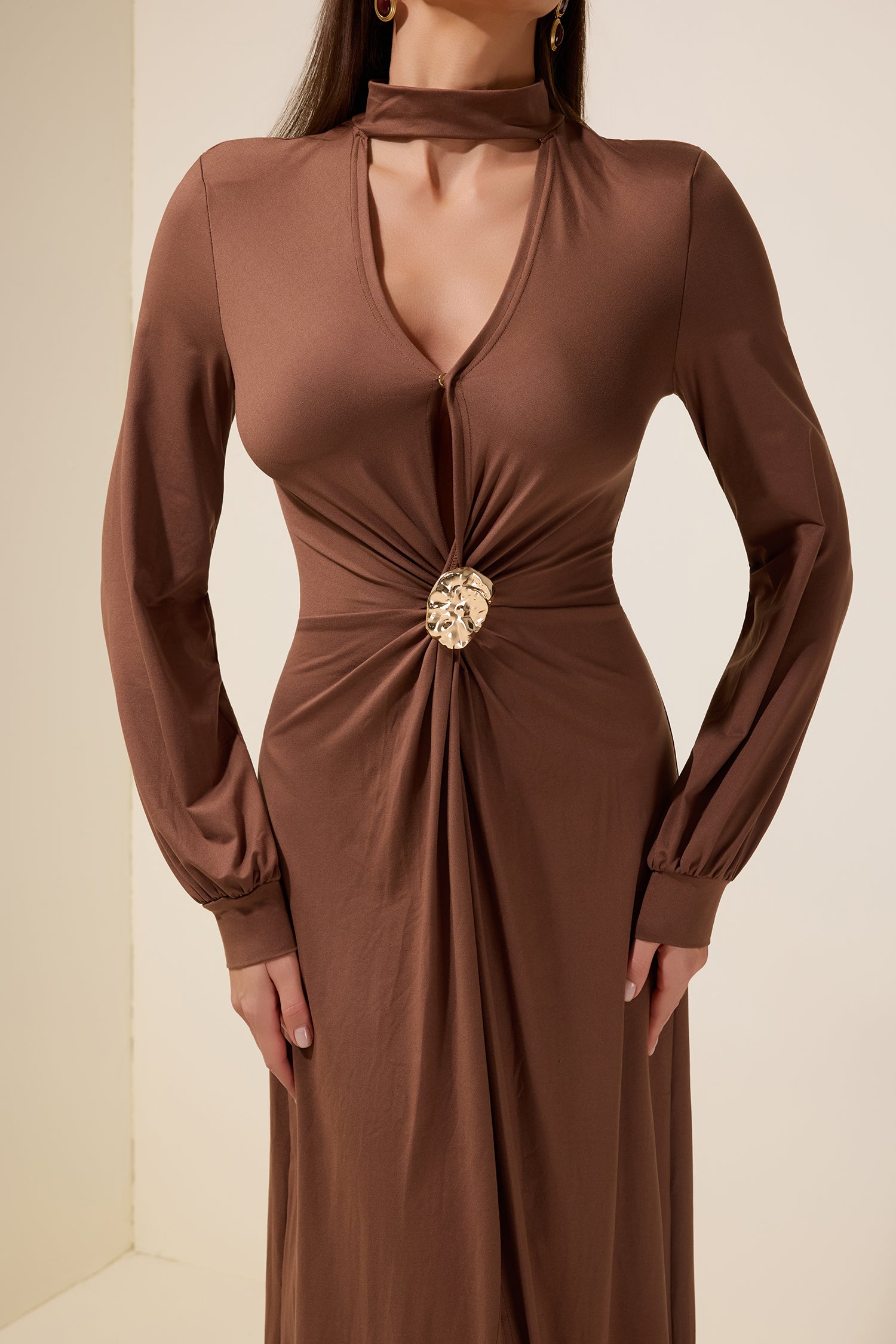 Jersey Metal Embellishment Lantern Sleeve Maxi Dress