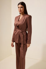 Stripe Blazer With Belt & High Waist Pants Set