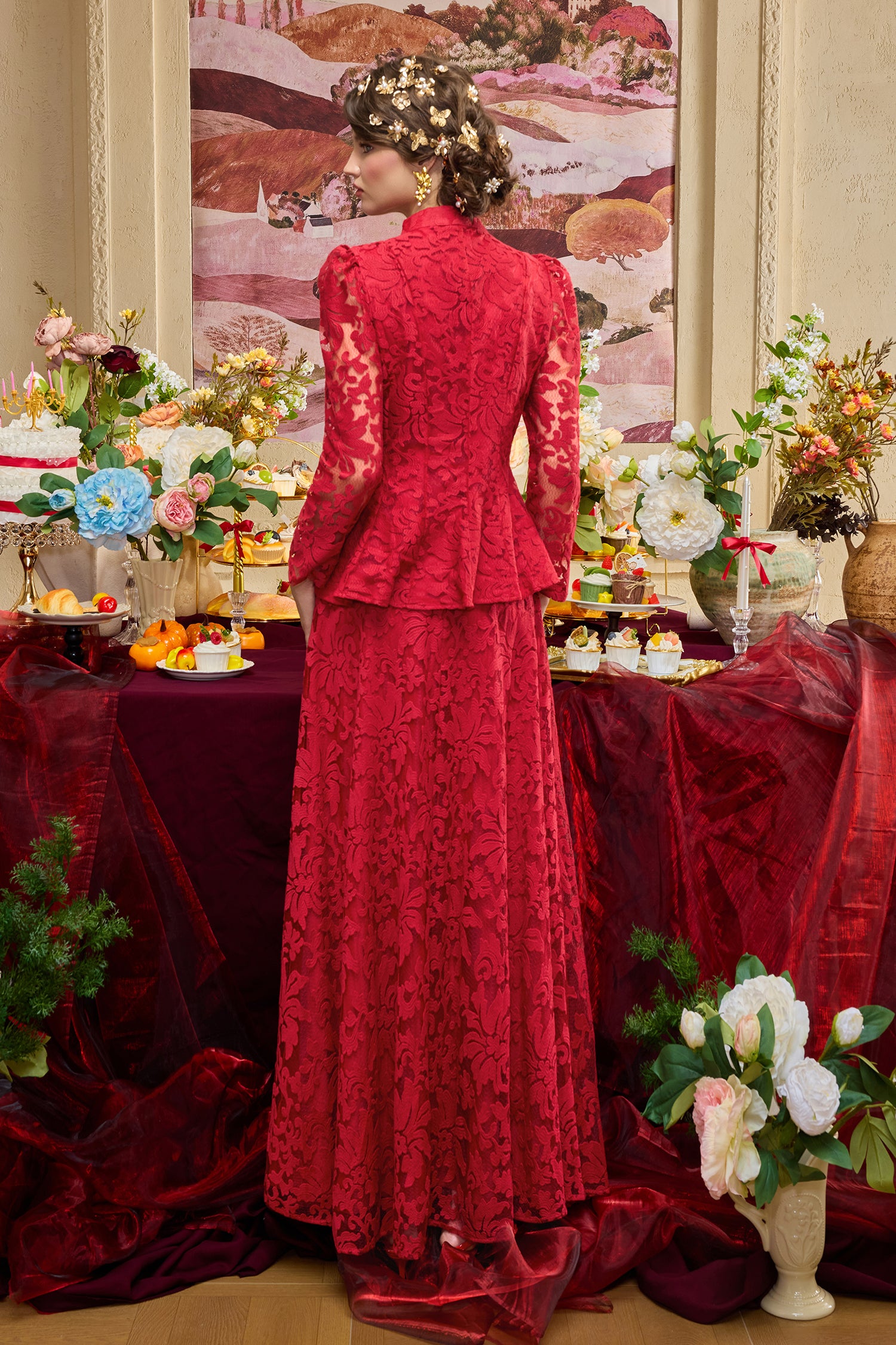 Lace Nail Bead Embroidery Top & Midi Skirt Set