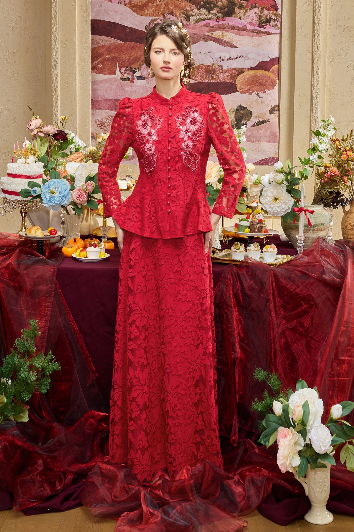Lace Nail Bead Embroidery Top & Midi Skirt Set