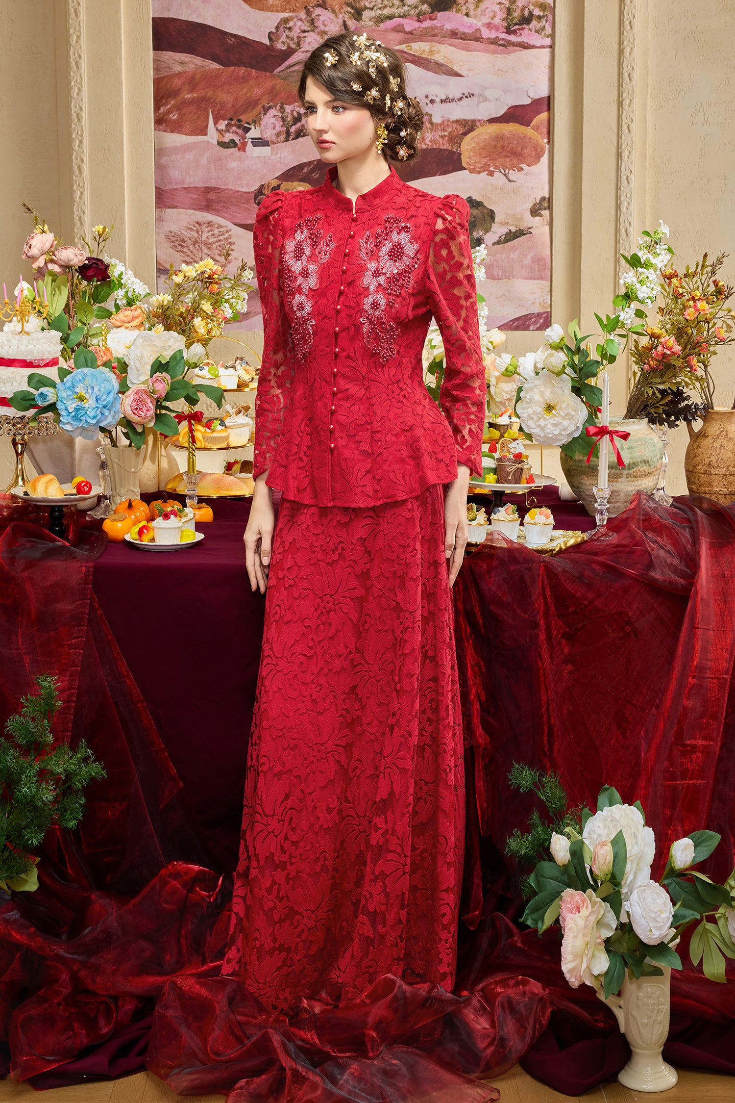 Lace Nail Bead Embroidery Top & Midi Skirt Set