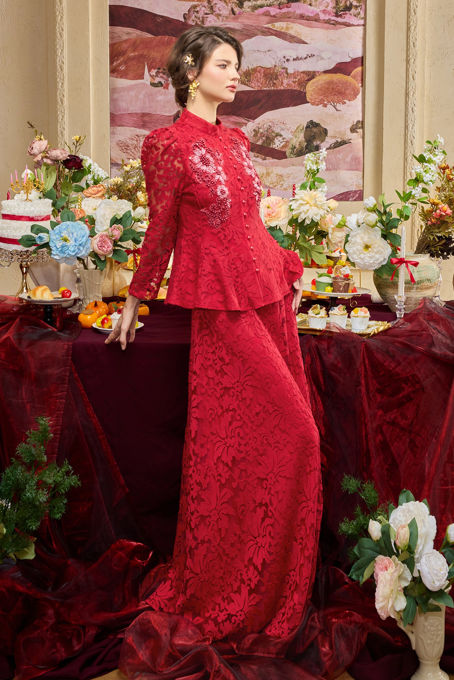 Lace Nail Bead Embroidery Top & Midi Skirt Set