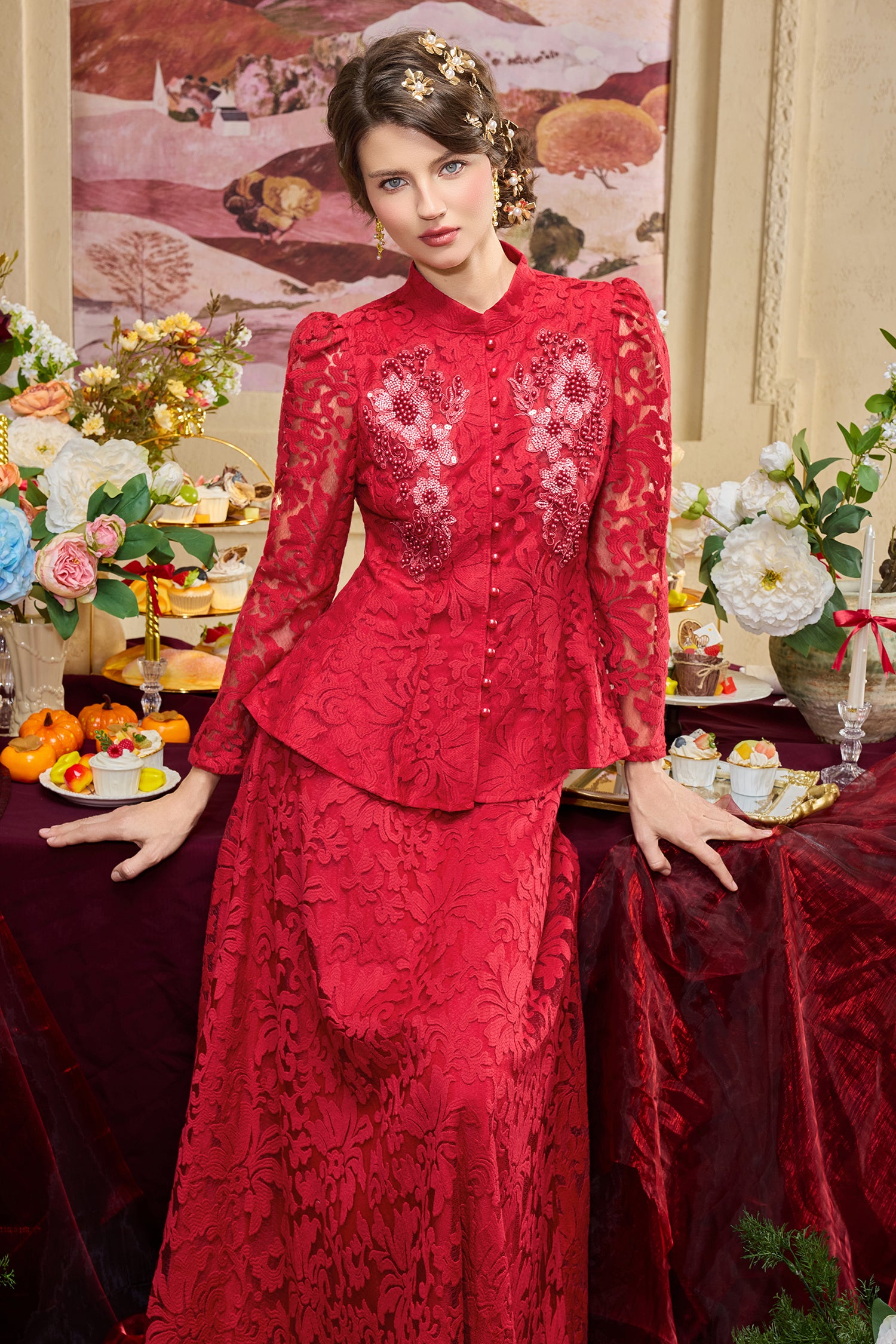Lace Nail Bead Embroidery Top & Midi Skirt Set