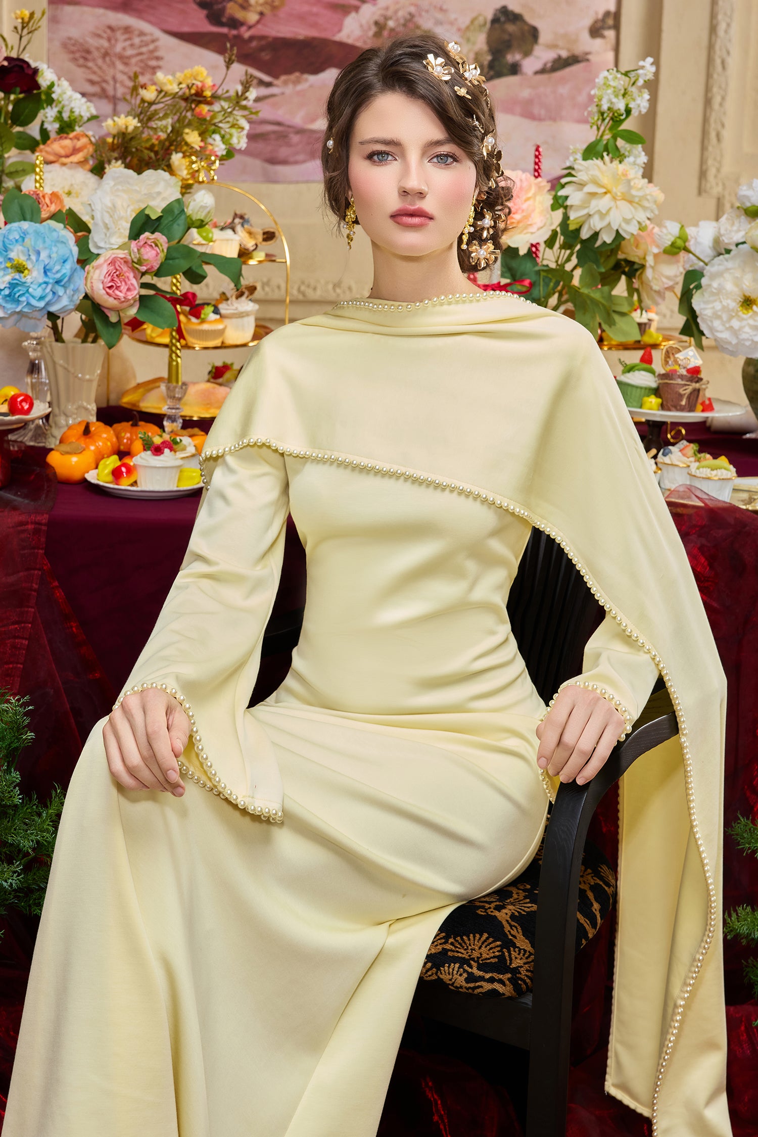 Solid Long Sleeve Faux Pearl Maxi Dress
