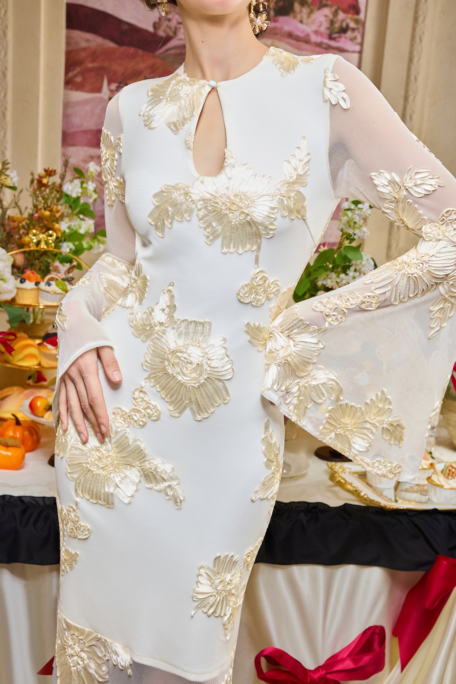 Mesh Embroidered Bell Sleeve Maxi Dress