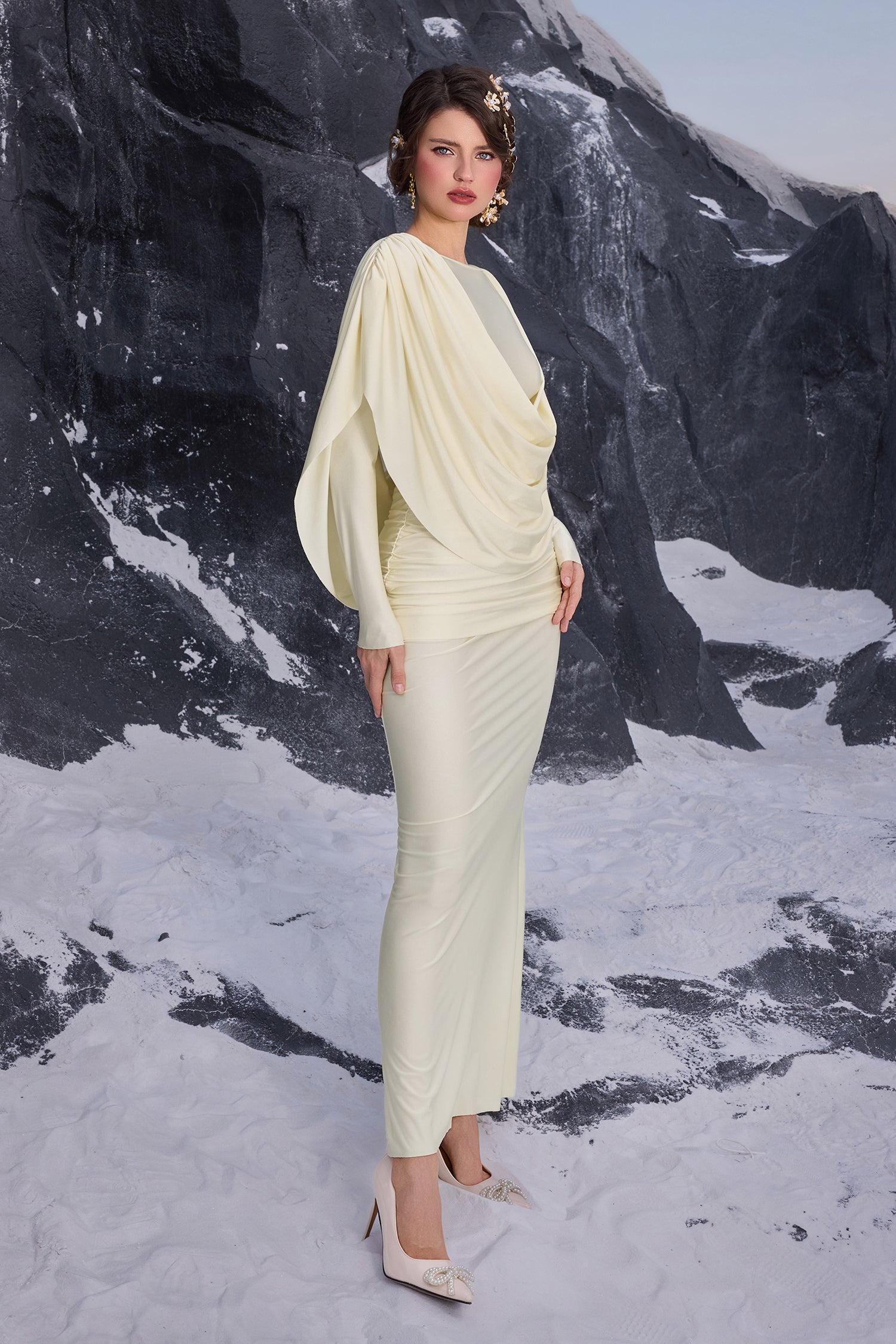 Jersey Draped Long Sleeve Maxi Dress