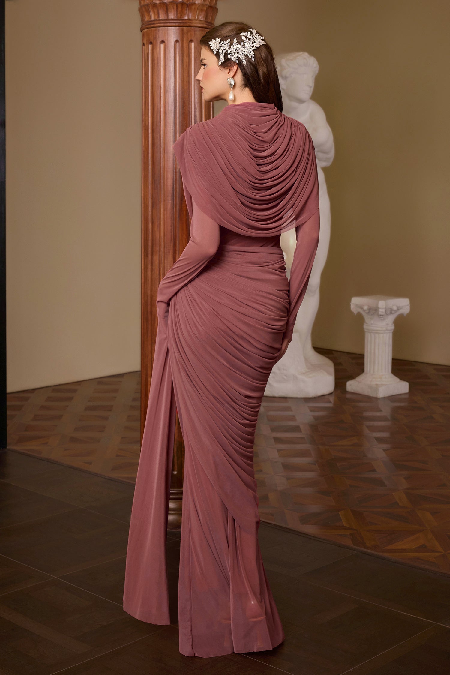 Mesh Gathering Asymmetrical Sleeve Maxi Dress