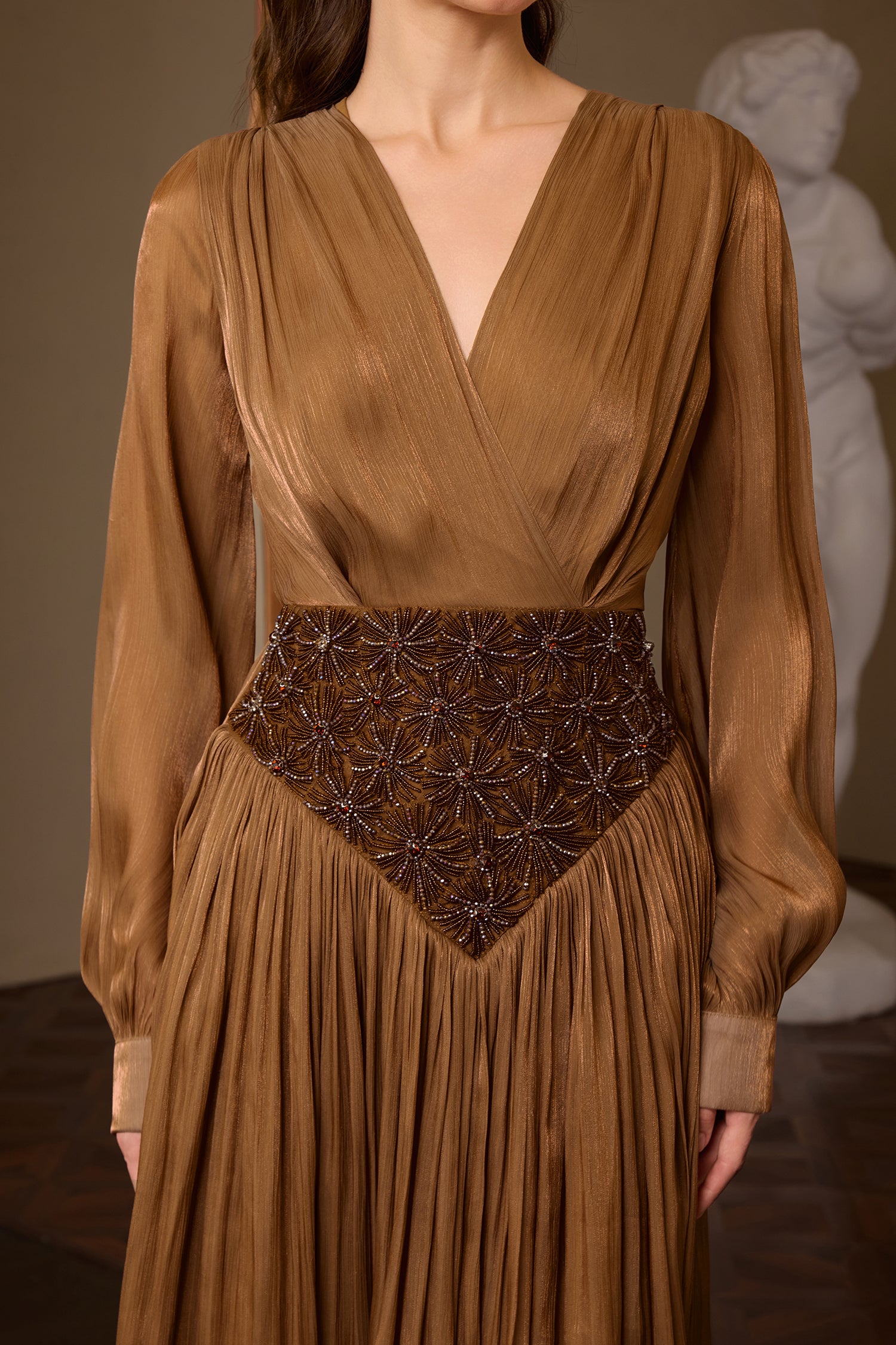 Nail Bead Embroidery Lantern Sleeve Midi Dress
