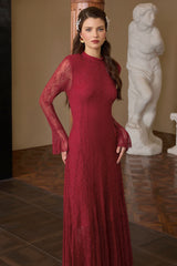Lace Rhinestone Long Sleeve Maxi Dress