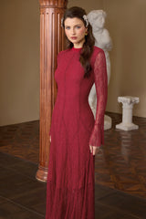 Lace Rhinestone Long Sleeve Maxi Dress
