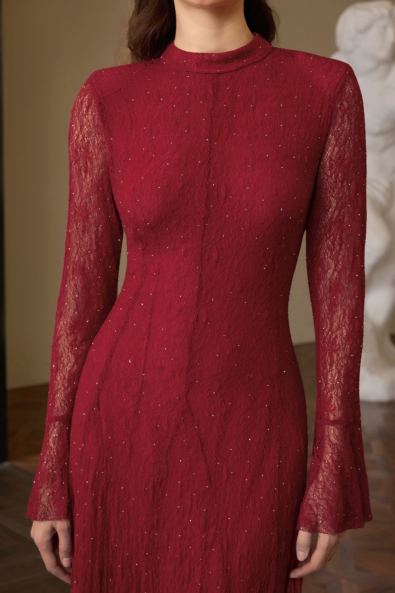 Lace Rhinestone Long Sleeve Maxi Dress