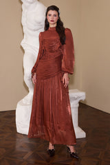 Solid Gathering Lantern Sleeve Midi Dress