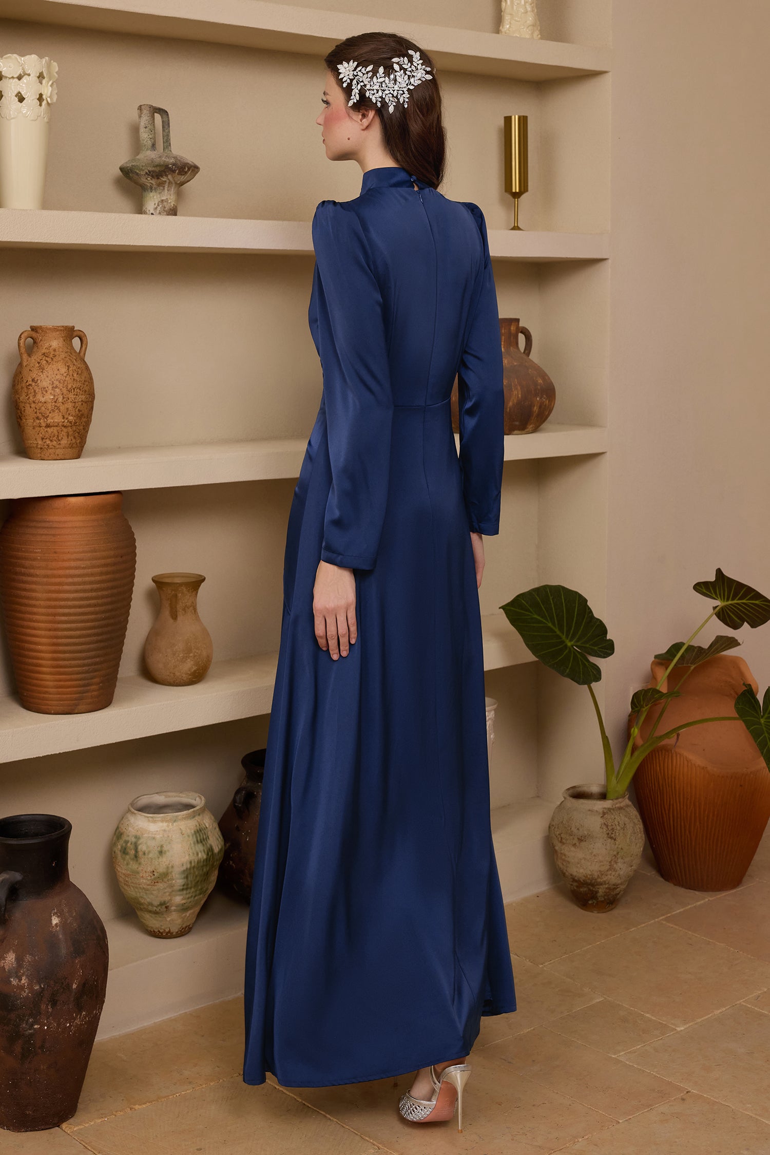 Satin Rhinestone Stand Collar Maxi Dress
