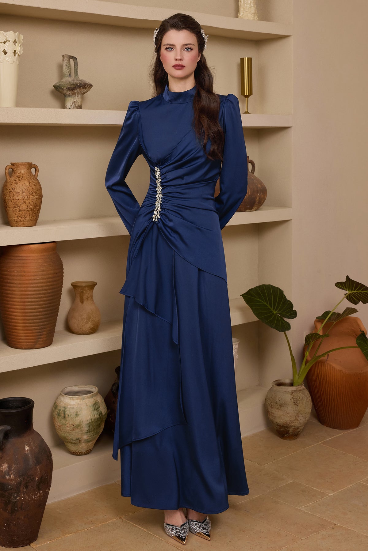 Satin Rhinestone Stand Collar Maxi Dress