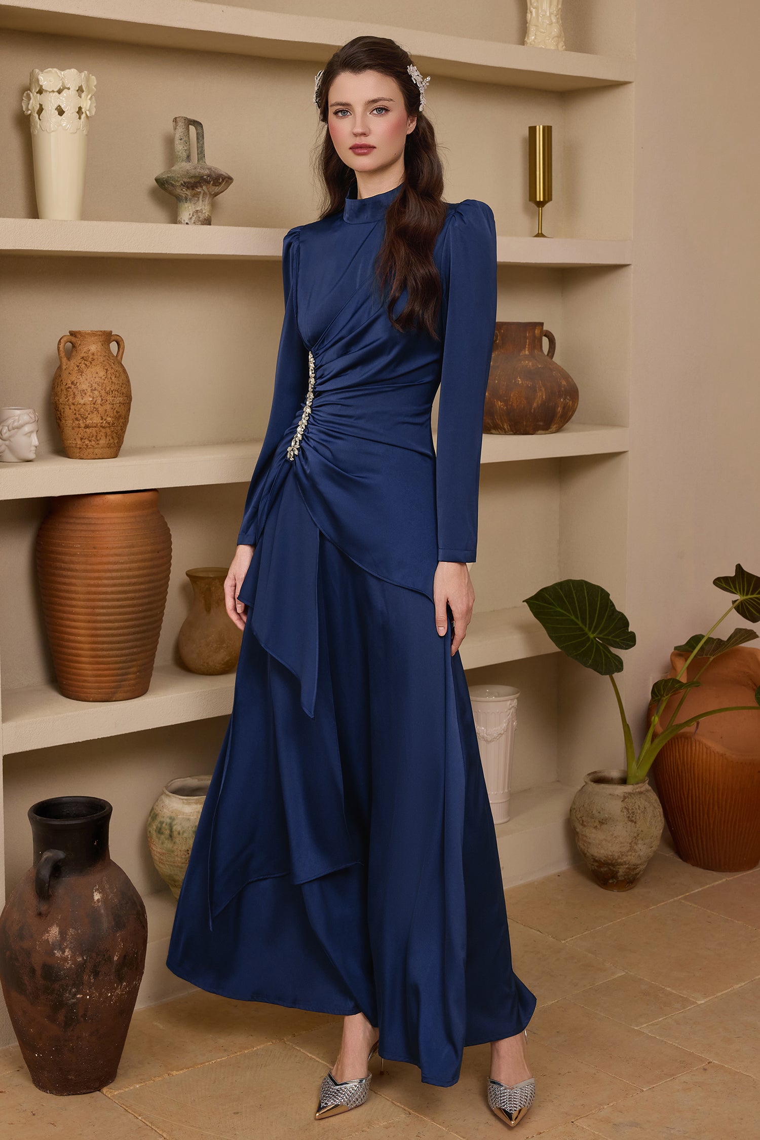 Satin Rhinestone Stand Collar Maxi Dress
