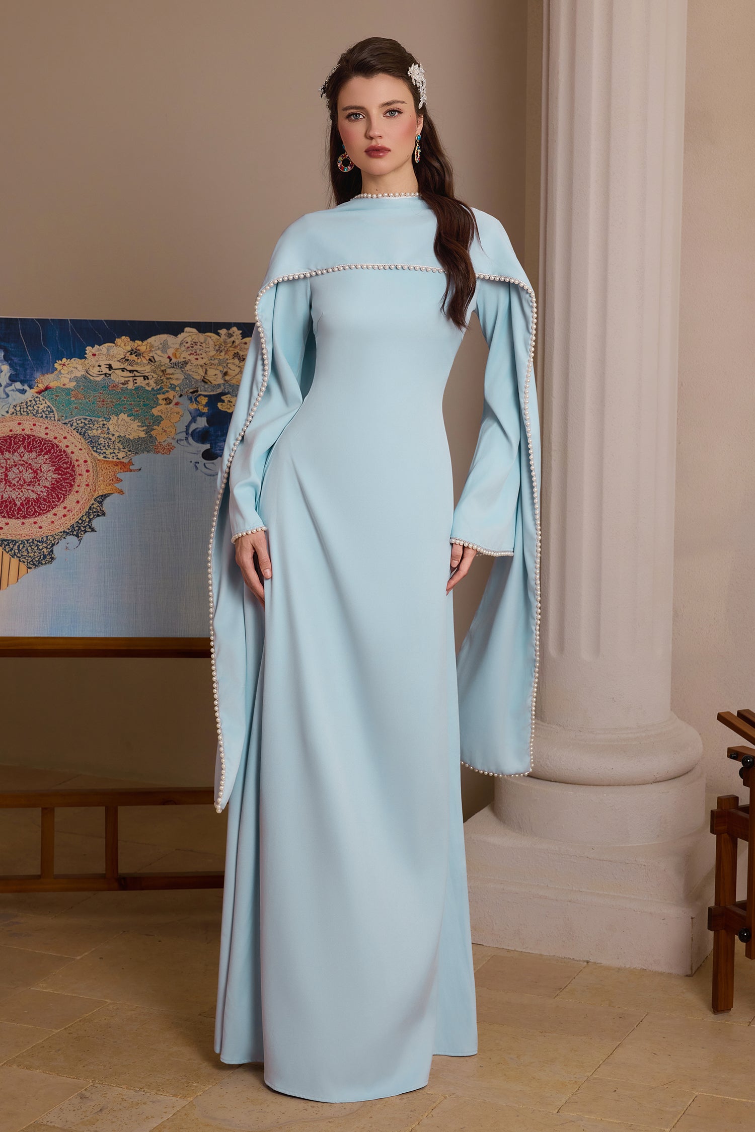 Solid Long Sleeve Faux Pearl Maxi Dress