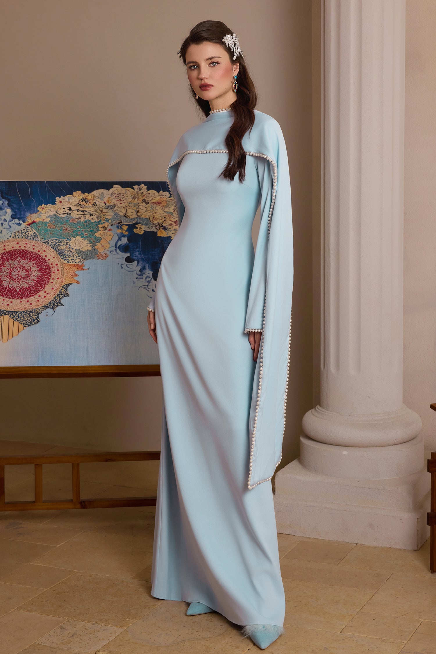 Solid Long Sleeve Faux Pearl Maxi Dress