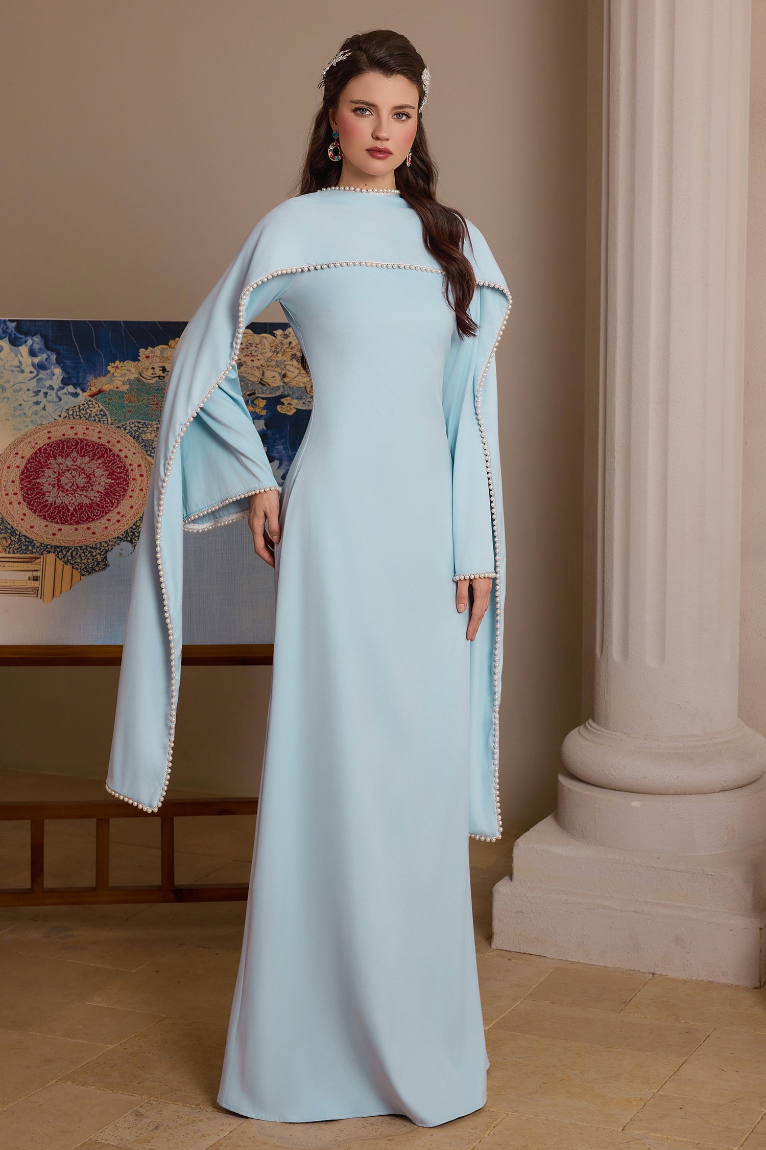 Solid Long Sleeve Faux Pearl Maxi Dress