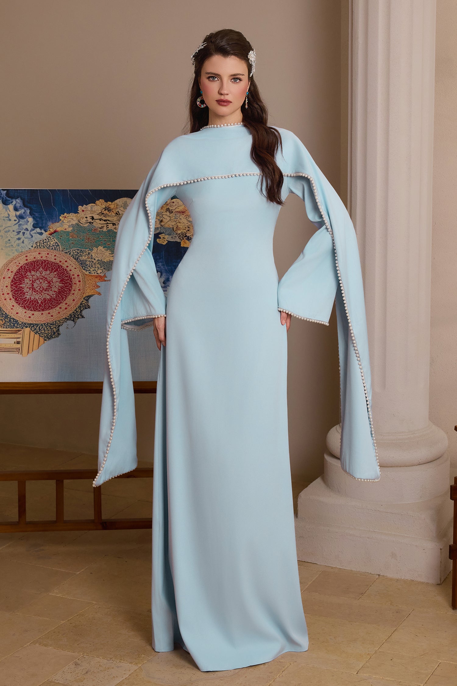 Solid Long Sleeve Faux Pearl Maxi Dress