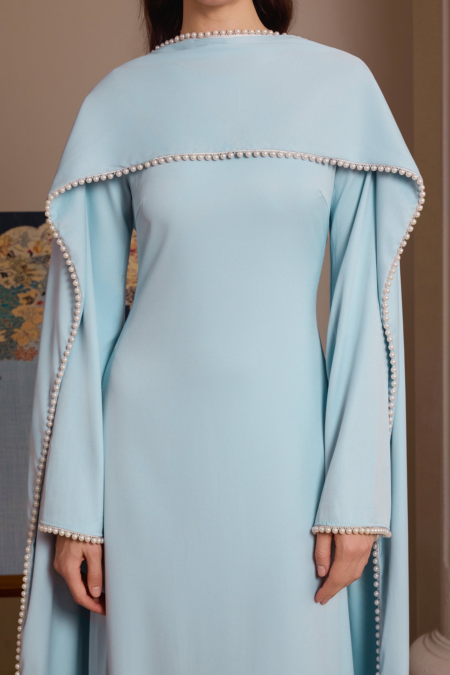 Solid Long Sleeve Faux Pearl Maxi Dress