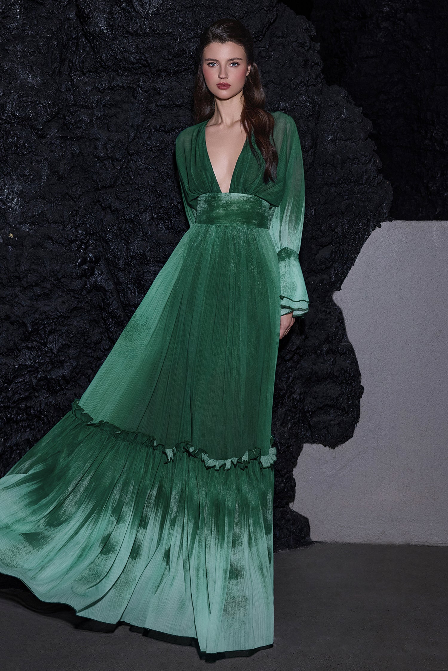 Ombre Chiffon Ruffle Maxi Dress