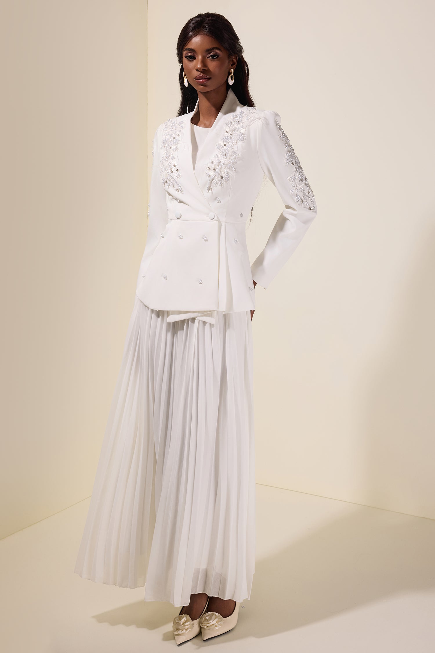 Chiffon Pleated Midi Dress With Nail Bead Embroidery Outerwear