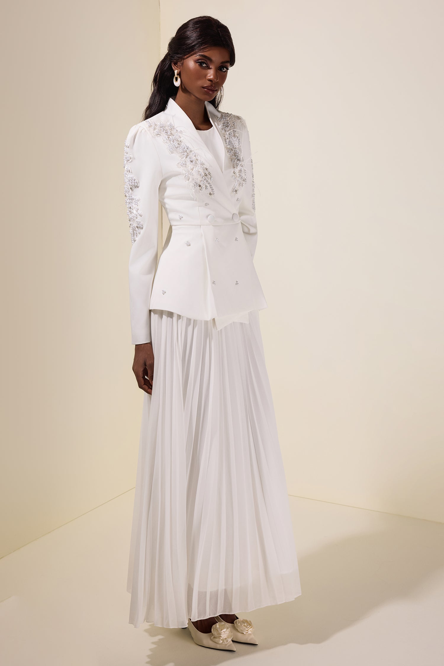 Chiffon Pleated Midi Dress With Nail Bead Embroidery Outerwear