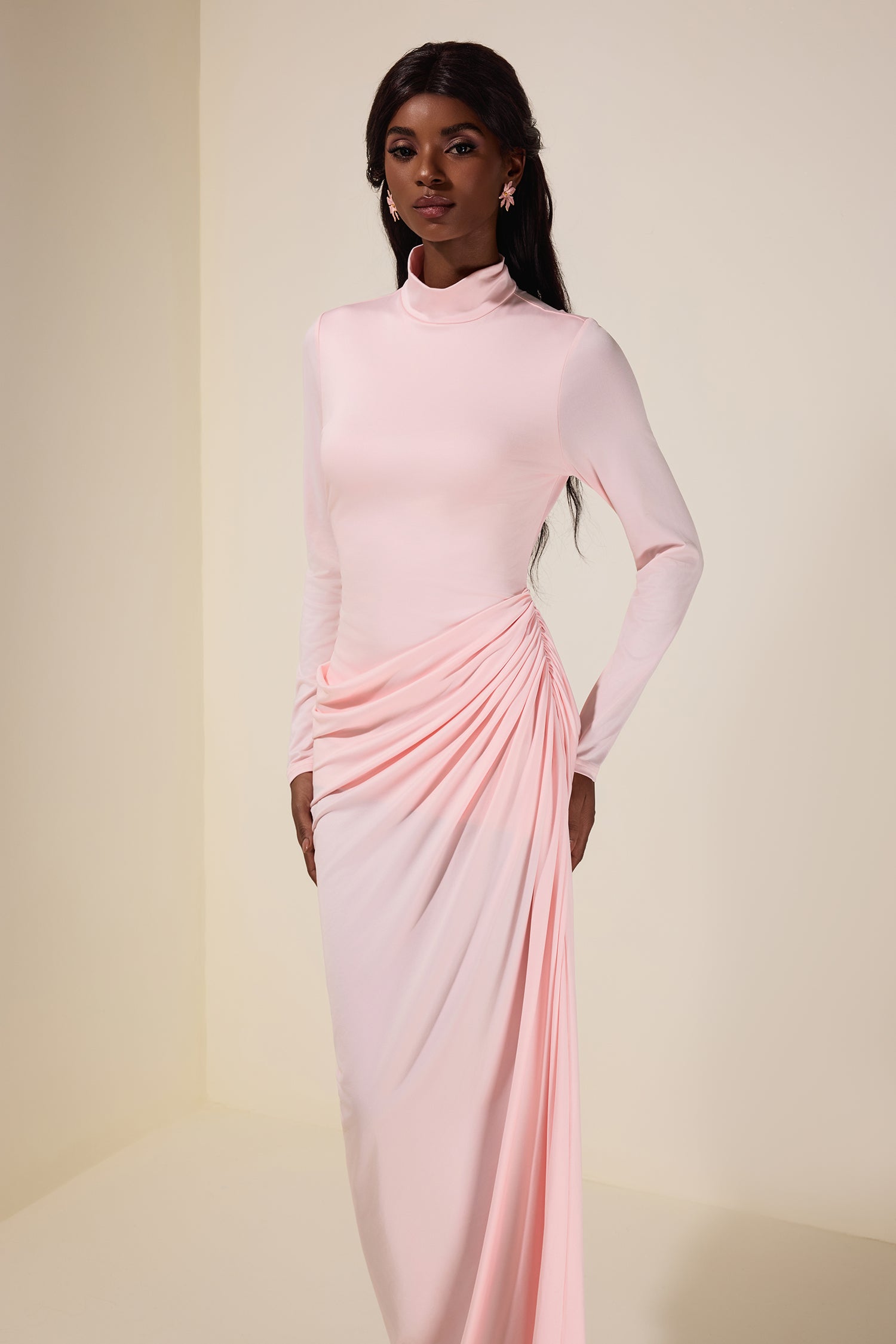 Jersey Gathering Long Sleeve Maxi Dress