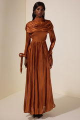 Satin Ruched Ruffle Maxi Dress