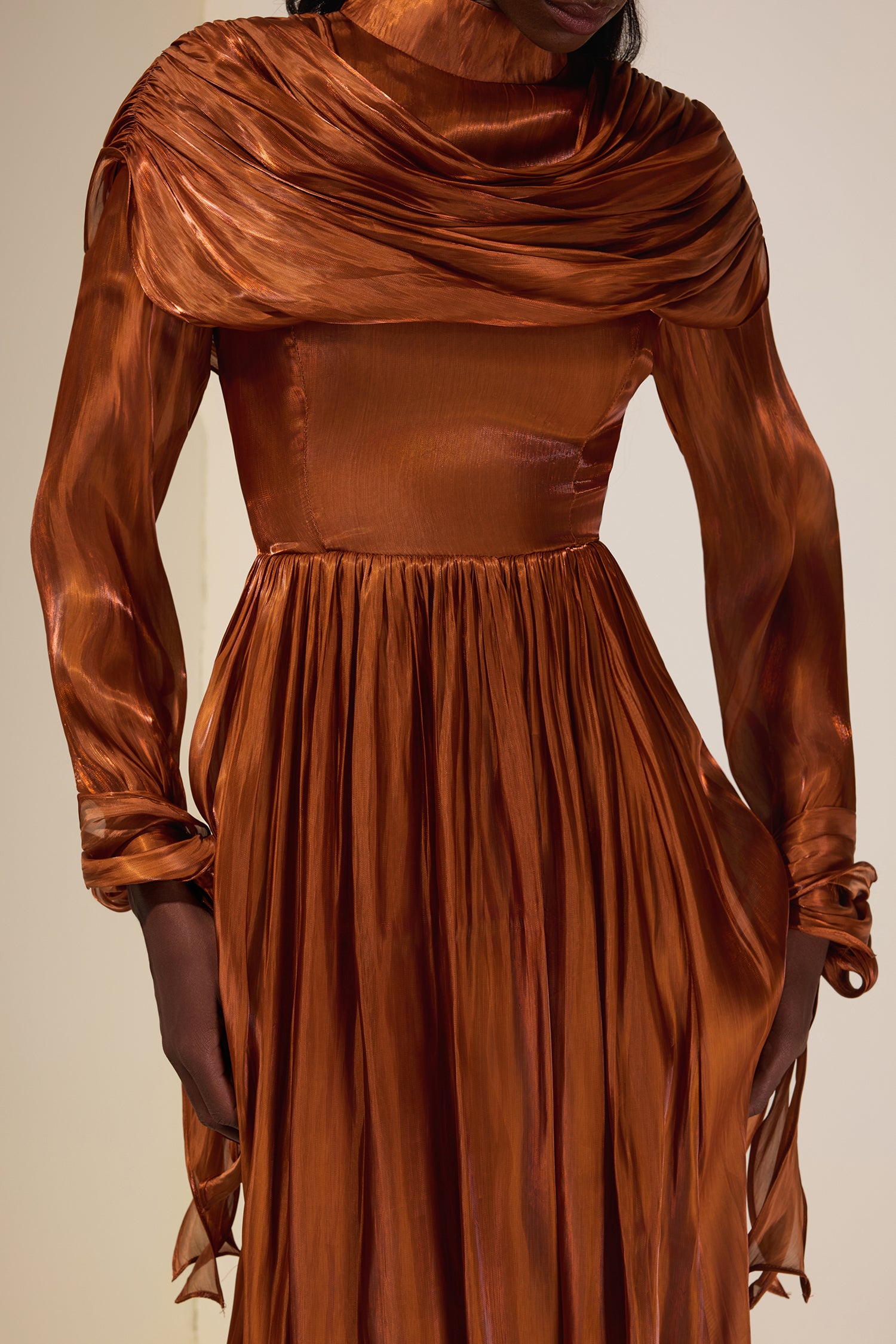 Satin Ruched Ruffle Maxi Dress
