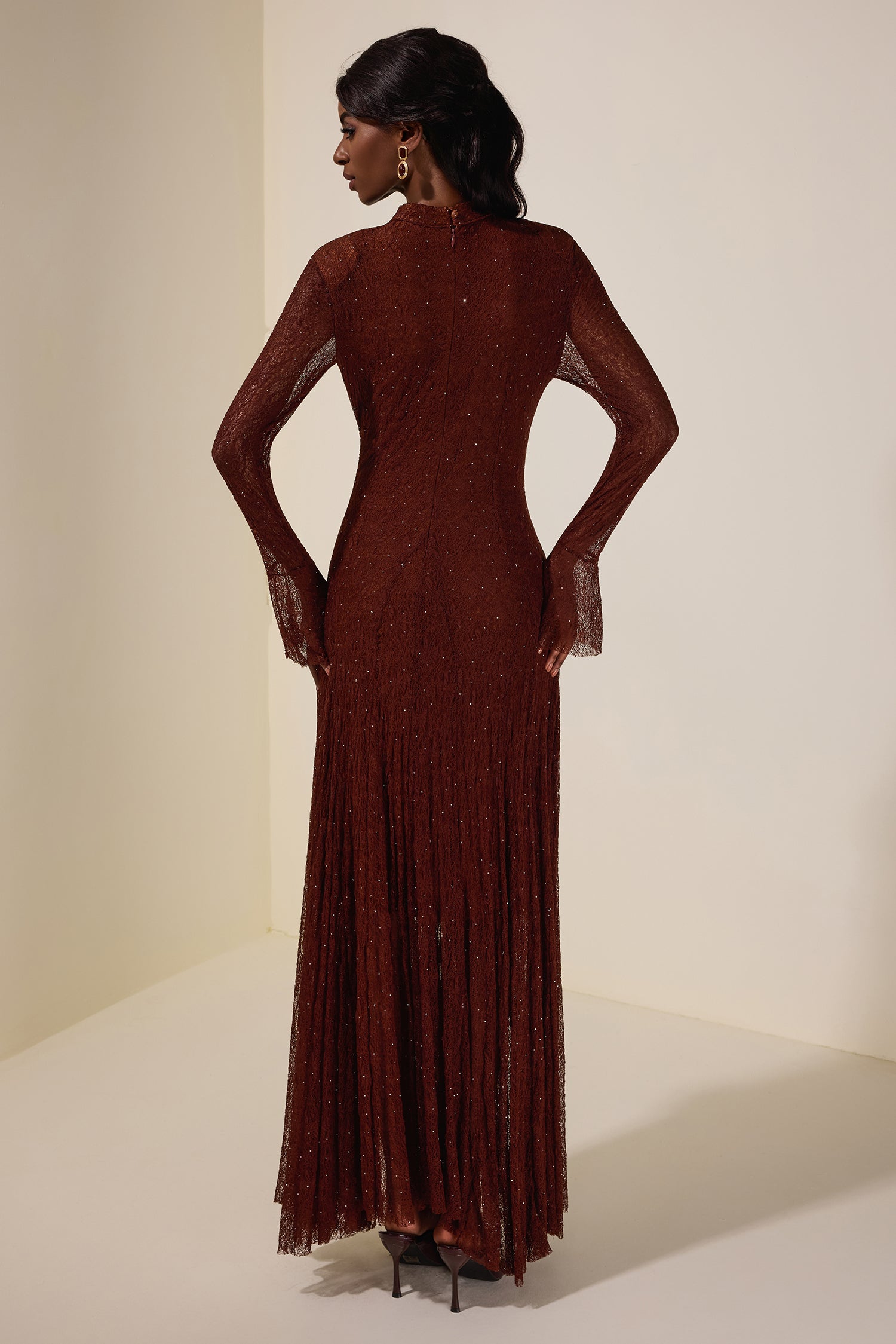 Lace Rhinestone Long Sleeve Maxi Dress