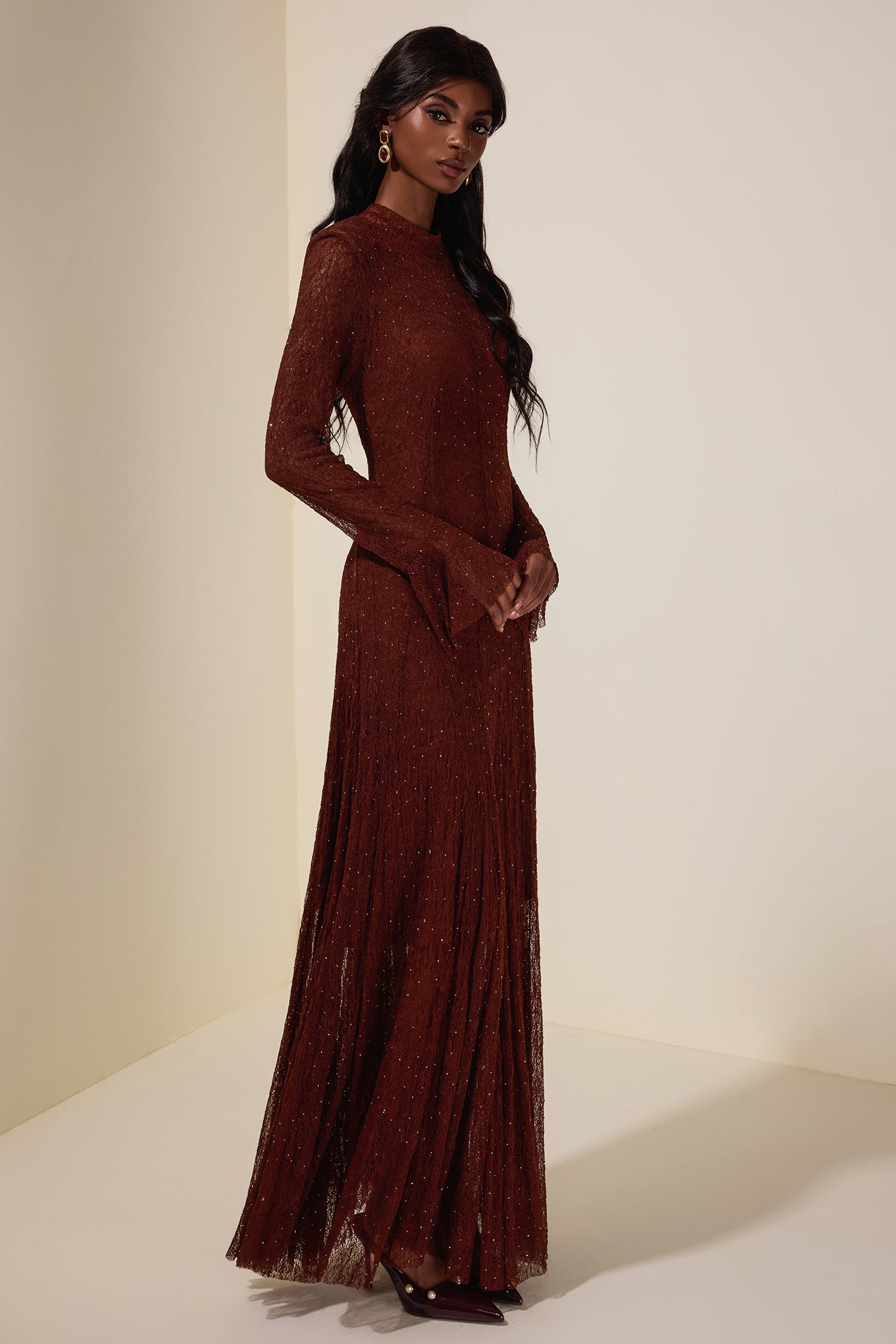 Lace Rhinestone Long Sleeve Maxi Dress