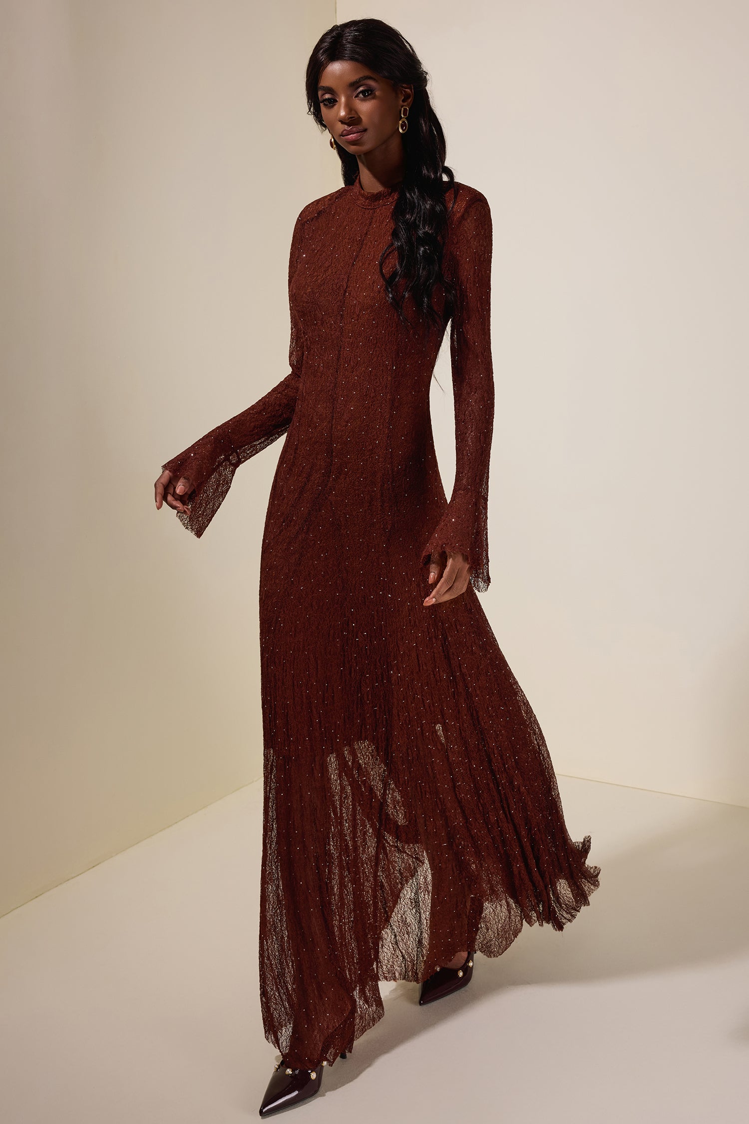 Lace Rhinestone Long Sleeve Maxi Dress