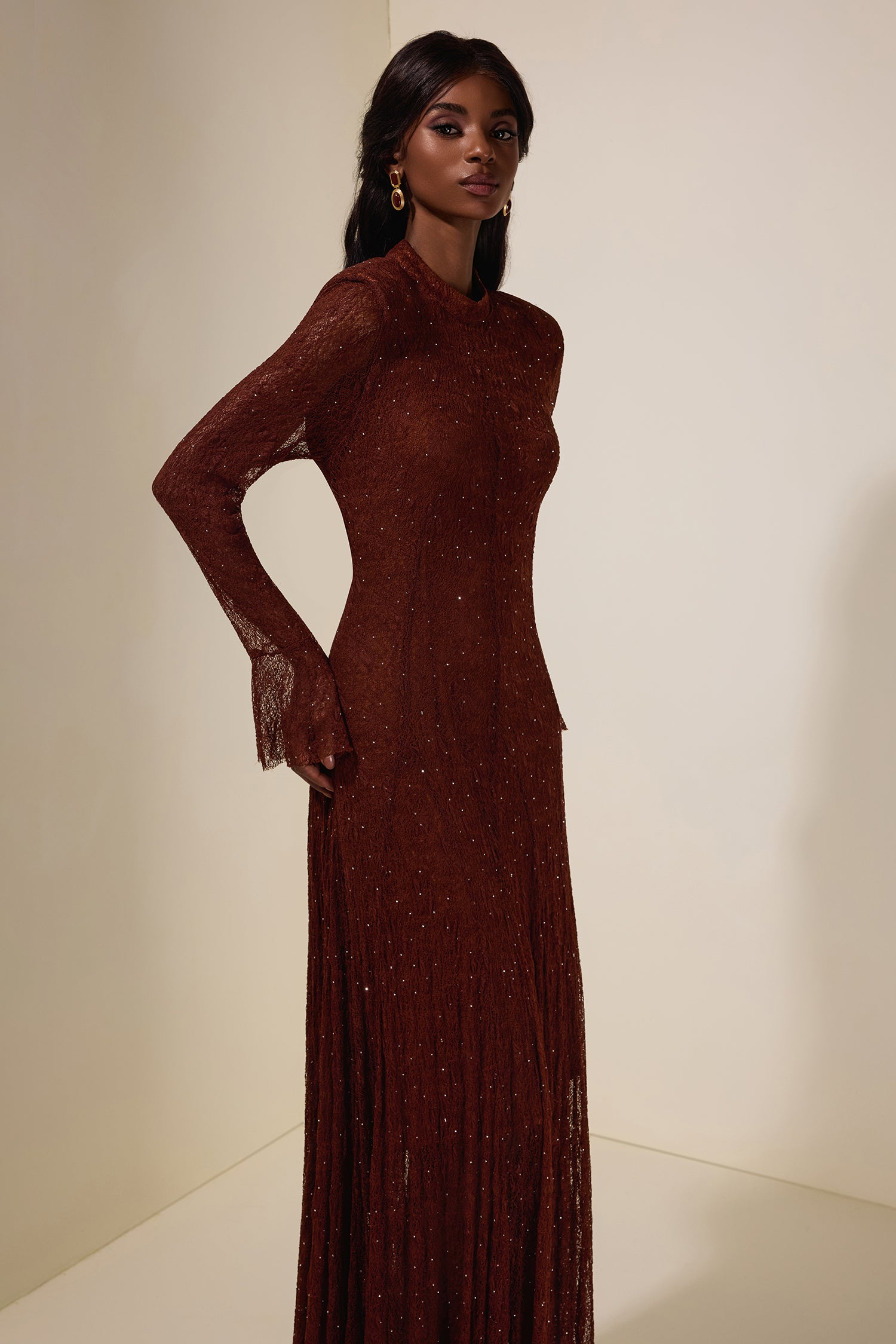 Lace Rhinestone Long Sleeve Maxi Dress